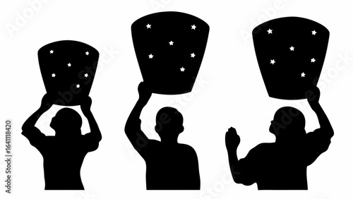 Three people releasing star lanterns in silhouette against a white background in a simple illustration