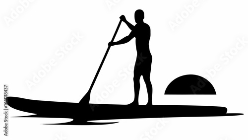 Silhouette of a person paddleboarding with a paddle on a body of water with a horizon line visible