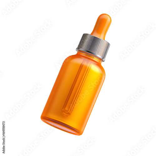 A close up of an elegant orange colored cosmetic or serum dropper bottle on a clean white background perfect for branding and packaging design