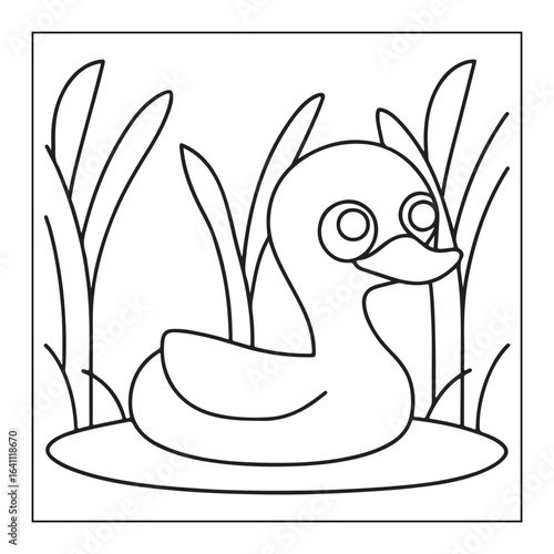 Cute cartoon duckling swimming in water with tall grass outline drawing bird waterfowl