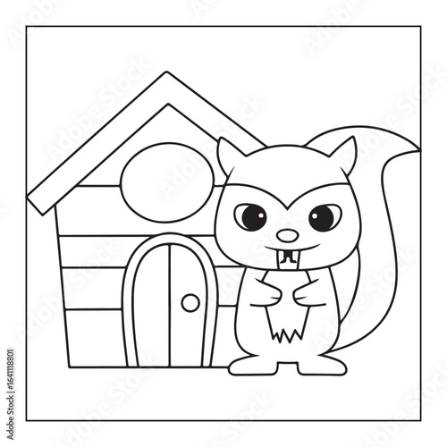 Cute cartoon squirrel with big eyes and buck teeth standing next to a wooden house animal illustration