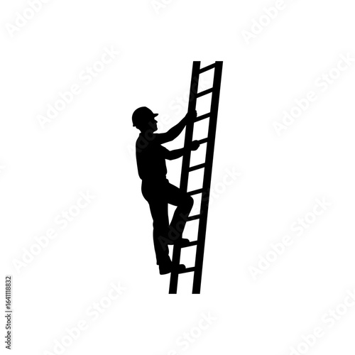 A 3D illustration of a business man climbing a stepladder to the sky, representing the concept of a career path with steps to success and growth