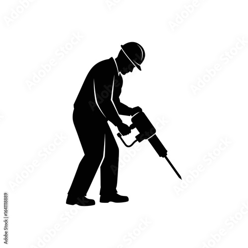 Black vector silhouette of a man holding a soil compactor compacting the soil.