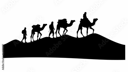 Silhouette of a desert caravan with camels and people walking across sand dunes in black and white style