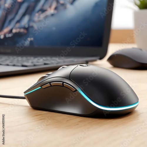 Ergonomic Computer Mouse and Laptop on a Wooden Office Desk
