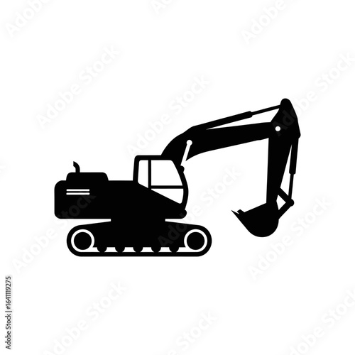 Construction excavator digger truck heavy machinery vehicle isolated on a white background with a silhouette and vector illustration