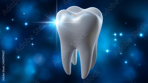 White Tooth Icon with Glowing Light Effect on Blue Sparkle Background