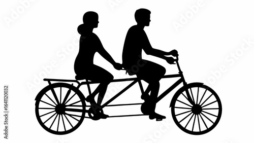 Silhouette of a couple riding a tandem bicycle with handlebars and wheels on a white background scene outdoors