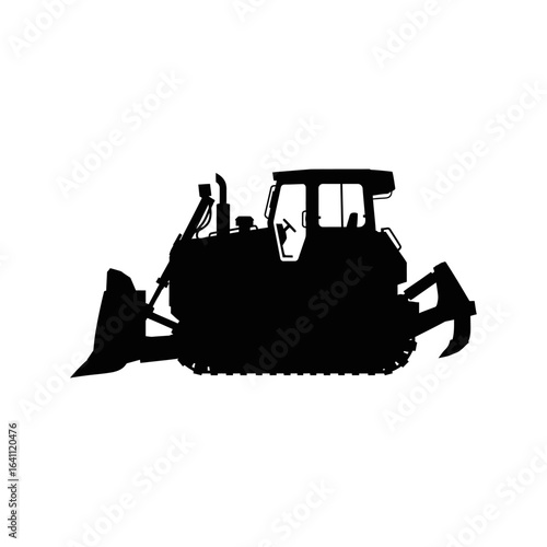 Black vector silhouette of construction heavy equipment like a bulldozer and excavator isolated on a white background
