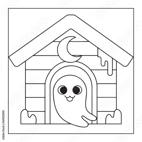 Adorable cartoon ghost peeking out of a doghouse with a crescent moon halloween spooky