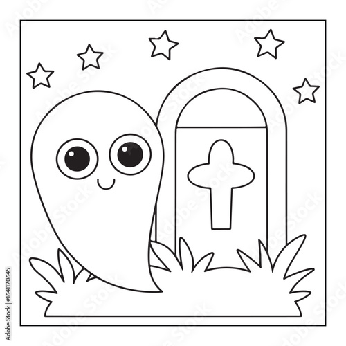 Adorable cartoon ghost standing next to a tombstone in a graveyard with stars character cute