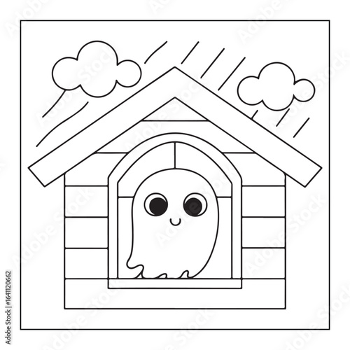 Adorable ghost peeking out of a doghouse during a rain shower animal shelter