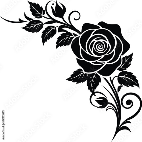 Vector art of corner decorative element featuring a black rose silhouette with buds and leaves, isolated on white background