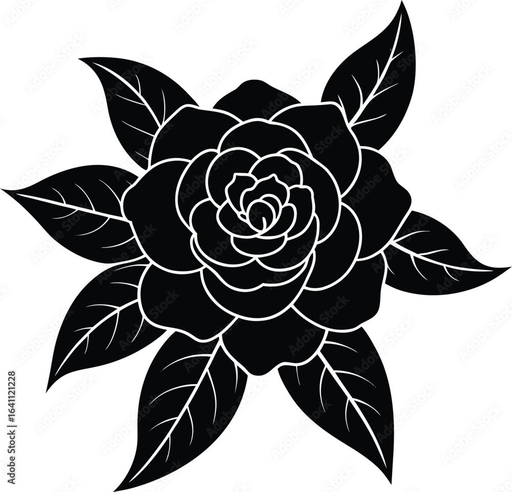 Fototapeta premium Vector art of a striking black silhouette of a single rose flower with surrounding leaves, isolated on a white background