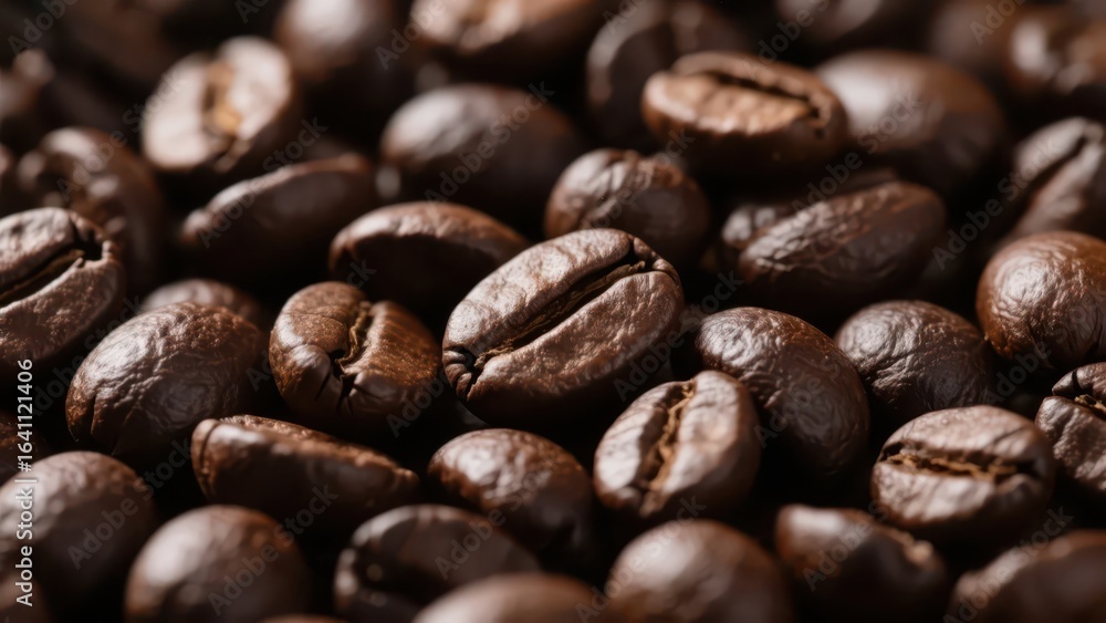 Fototapeta premium A close - up shows roasted coffee beans, plump and round with a deep brown color, presenting the rich texture of coffee raw materials.