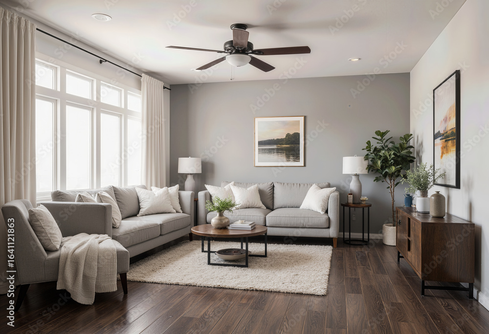 Fototapeta premium A bright, inviting, and comfortable transitional living room featuring a cozy sectional sofa and a ceiling fan, creating a relaxed and stylish family-friendly space. 