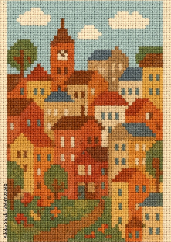 Fototapeta premium Charming cross-stitch cityscape design.