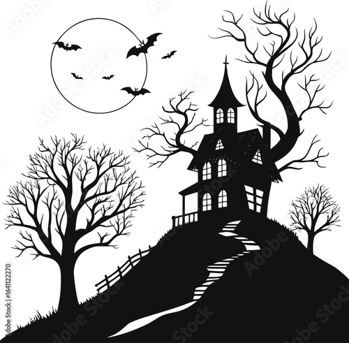 haunted house on hill with bats and moonlight