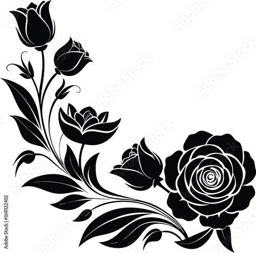 Vector art of black silhouette of a rose bouquet with leaves and decorative swirls, isolated on white background