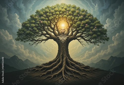 Pintura simbólica de un árbol con rasgos humanos. Vida, crecimiento, conexión, raíces y espíritu, metáfora artística, naturaleza, trascendencia, poesía visual