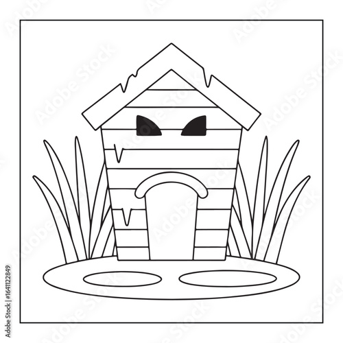 Cartoon dog house with spooky eyes and grass in black and white kennel pet house