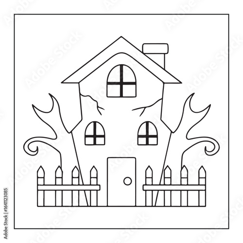 Outline drawing of a cracked haunted house with spooky trees and a picket fence building architecture