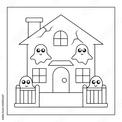 Spooky Halloween House with Ghosts and Cracked Walls Outline home dwelling