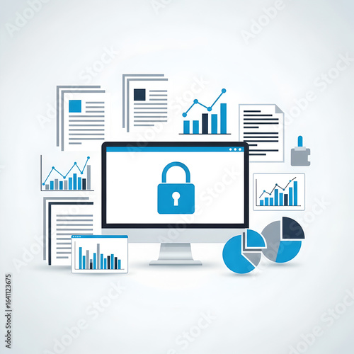 Cloud computing security and data privacy concept, showcasing a locked computer monitor surrounded by digital reports and analytics charts.