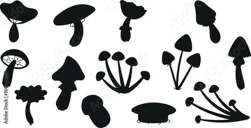 Mushroom Silhouette Vector Set – Fungi, Nature, Wild, Forest, Edible, Toadstool, Botanical, Food, Organic, Black Icon, Foraging, Mycology, Graphic
