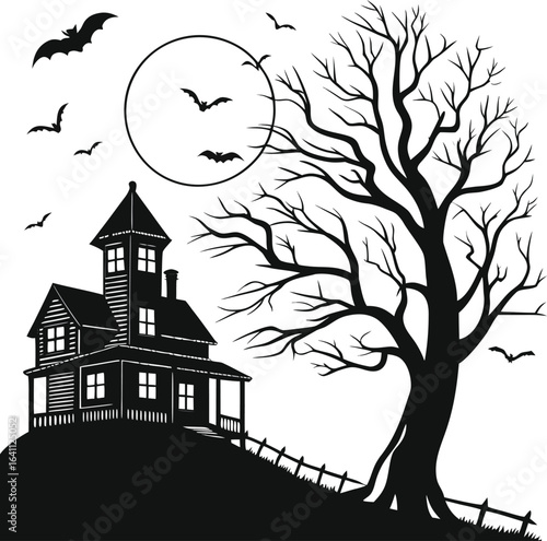 haunted house on hill with bats and moonlight