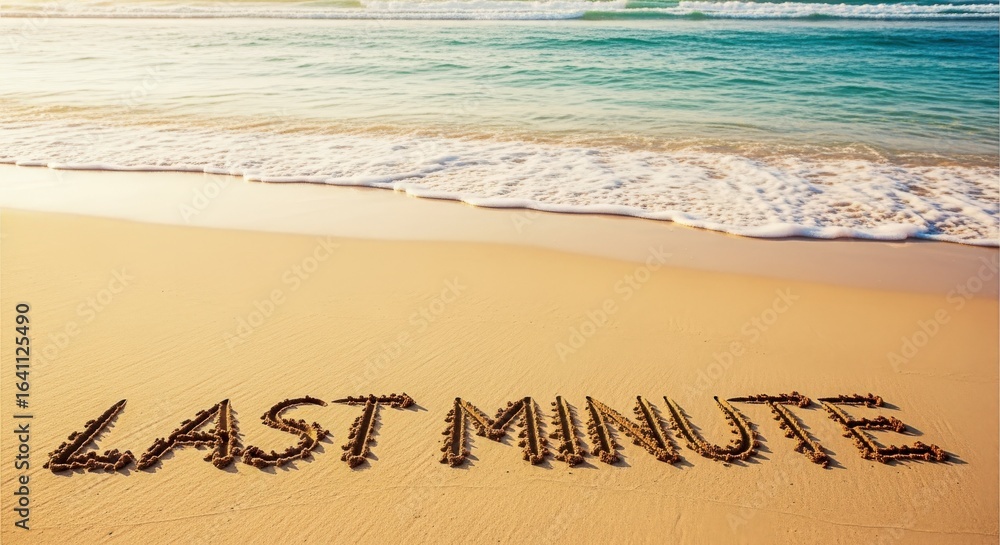 Fototapeta premium Last Minute message hand-written on sandy beach with sea wave and sunlight