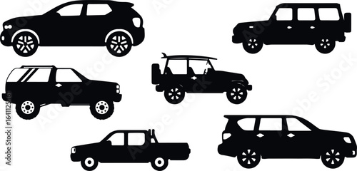 Off-Road Jeep and SUV Silhouette Vector – Vehicle, Adventure, Travel, Transport, Car, Safari, Automotive, Road Trip, Exploration, Driving, Sport Utility, Outdoor, 4x4, Nature, Expedition, Minimal, Bla