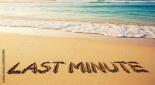 Last Minute message hand-written on sandy beach with sea wave and sunlight