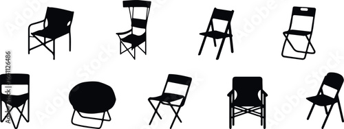 Folding Chair Silhouette Vector Set – Furniture, Seating, Event, Portable, Indoor, Outdoor, Function, Party, Meeting, Lightweight, Stackable, Design, Black Icon, Graphic