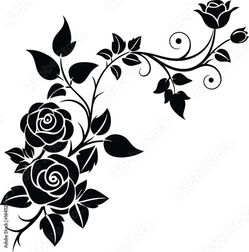 Vector art of black silhouette of a floral arrangement with roses and a swirling vine, isolated on white background