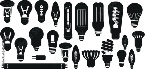 Light Bulbs Vector Set – LED, Incandescent, Fluorescent, Electric, Energy, Lighting, Technology, Brightness, Power, Electricity, Innovation, Bulb Shapes, Lamp, Glow, Idea, Graphic