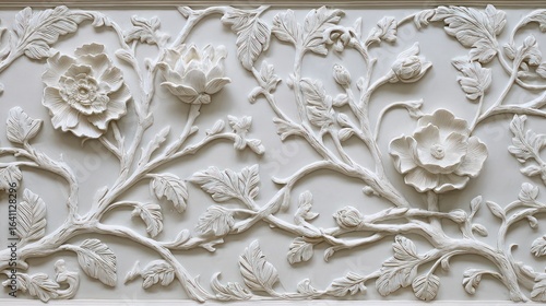 Intricate plaster relief with floral, leafy motif against a smooth, light-colored background