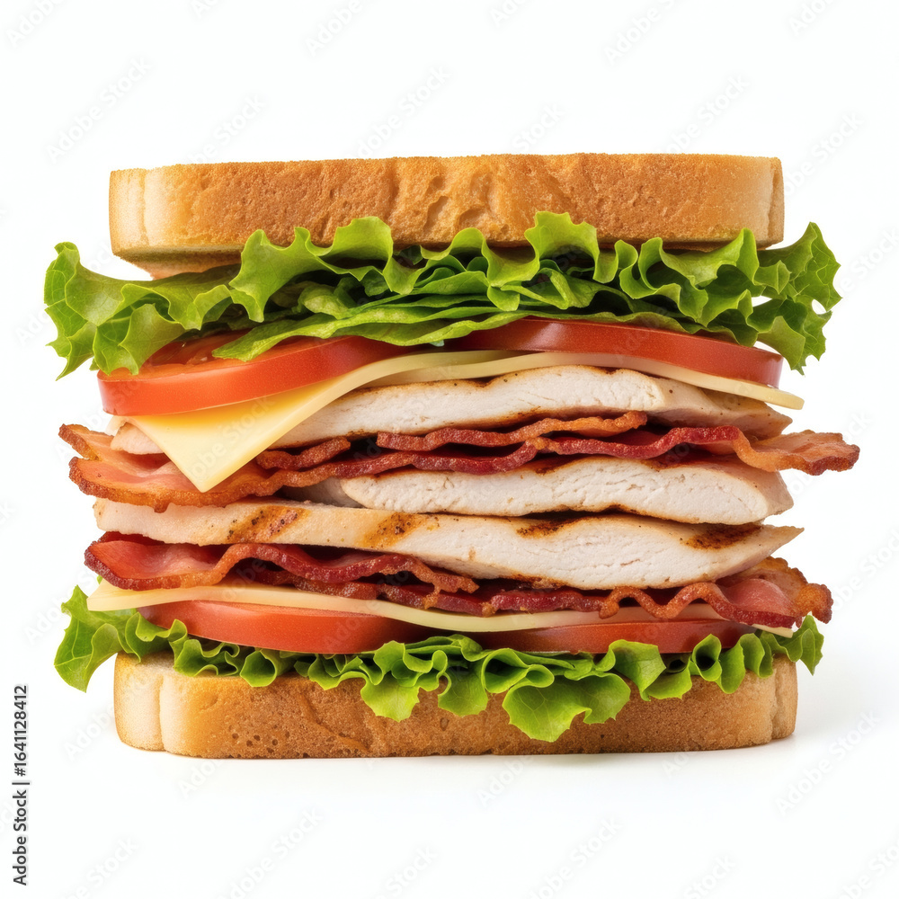 A classic club sandwich with bacon, chicken, and cheese A classic club sandwich with bacon, chicken, and cheese