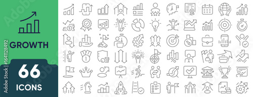 Growth icon set. Set of 60 linear outline collection representing progress, development, plant growth, business expansion, and success concepts. Editable stroke.