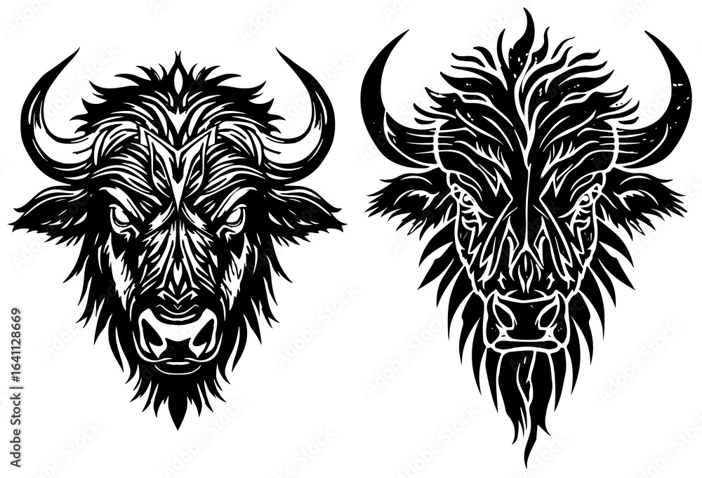 Obraz premium Two silhouettes of bison heads made of black lines. The eyes create a menacing effect, the stylized horns emphasize the strength. Combination of modern and tribal style.