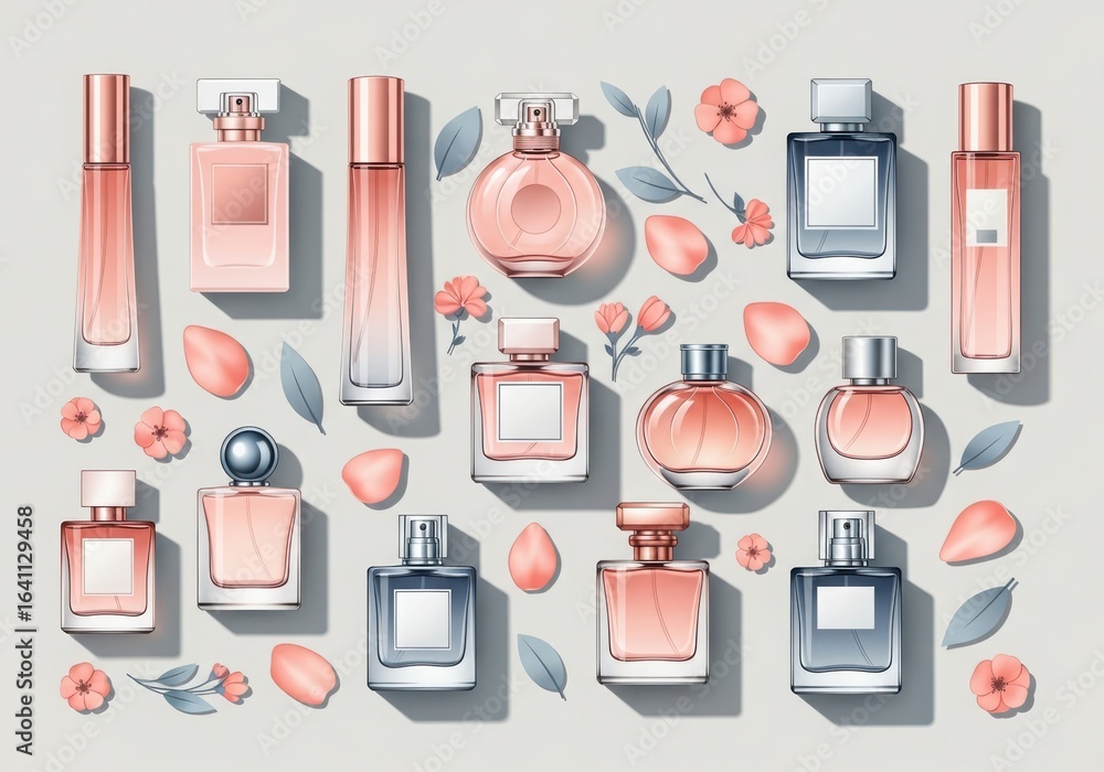 Collection of luxury perfume bottles in various shapes and colors Collection of luxury perfume bottles in various shapes and colors
