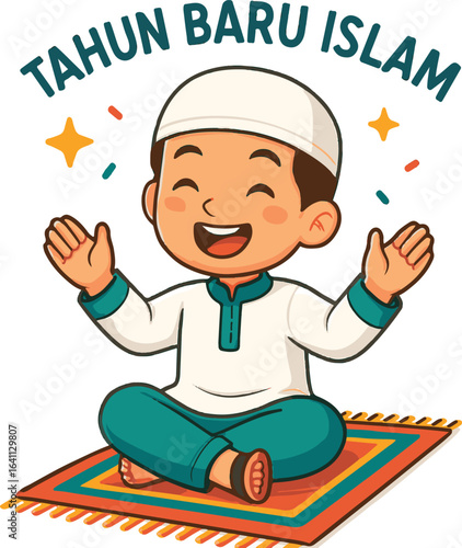 Happy muslim boy celebrating islamic new year with open arms
