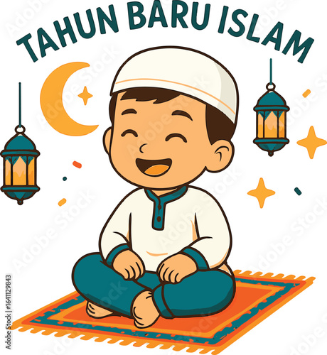 Happy muslim boy celebrating islamic new year with crescent moon and lanterns