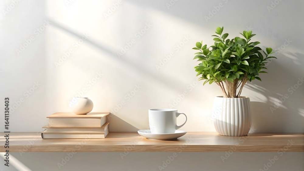 Obraz premium A simple still life composition on a wooden shelf features a stack of books, a white cup and saucer, and a green potted plant, bathed in warm sunlight and soft shadows