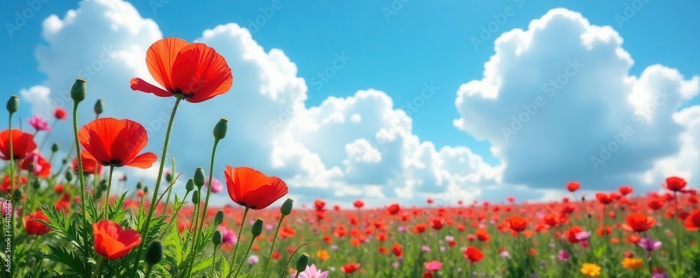 Naklejka premium Crimson poppies sway gently against a vibrant blue, cloud-dappled sky , macro, photography