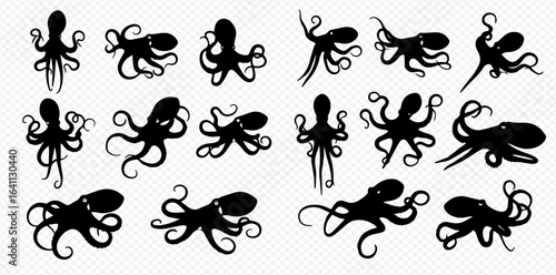 A collection of stylized black octopus silhouettes in various dynamic poses against a transparent background.