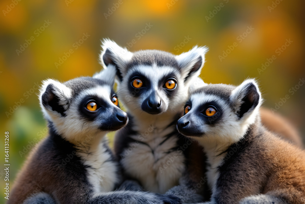 Obraz premium Ring Tailed Lemurs Family Bonding In Nature's Warm Light Display