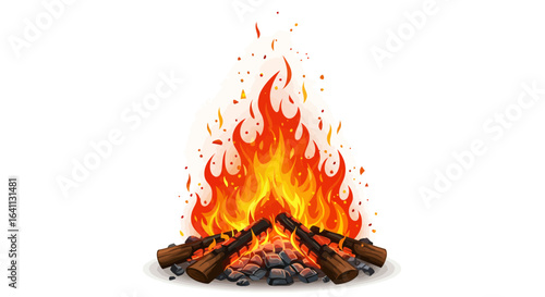 Illustration of a campfire with burning logs ash and flames