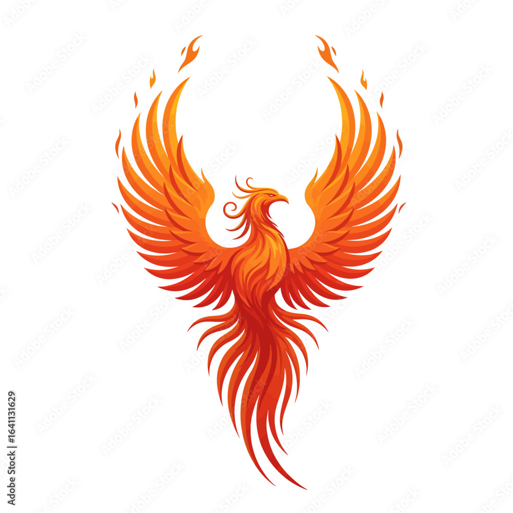 Fototapeta premium Fiery phoenix with wings spread depicted in vibrant orange hues against a white backdrop