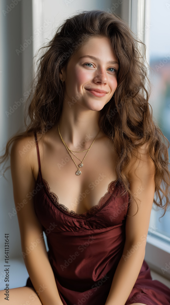 Fototapeta premium Wavy-haired brunette in deep burgundy dress sitting by window